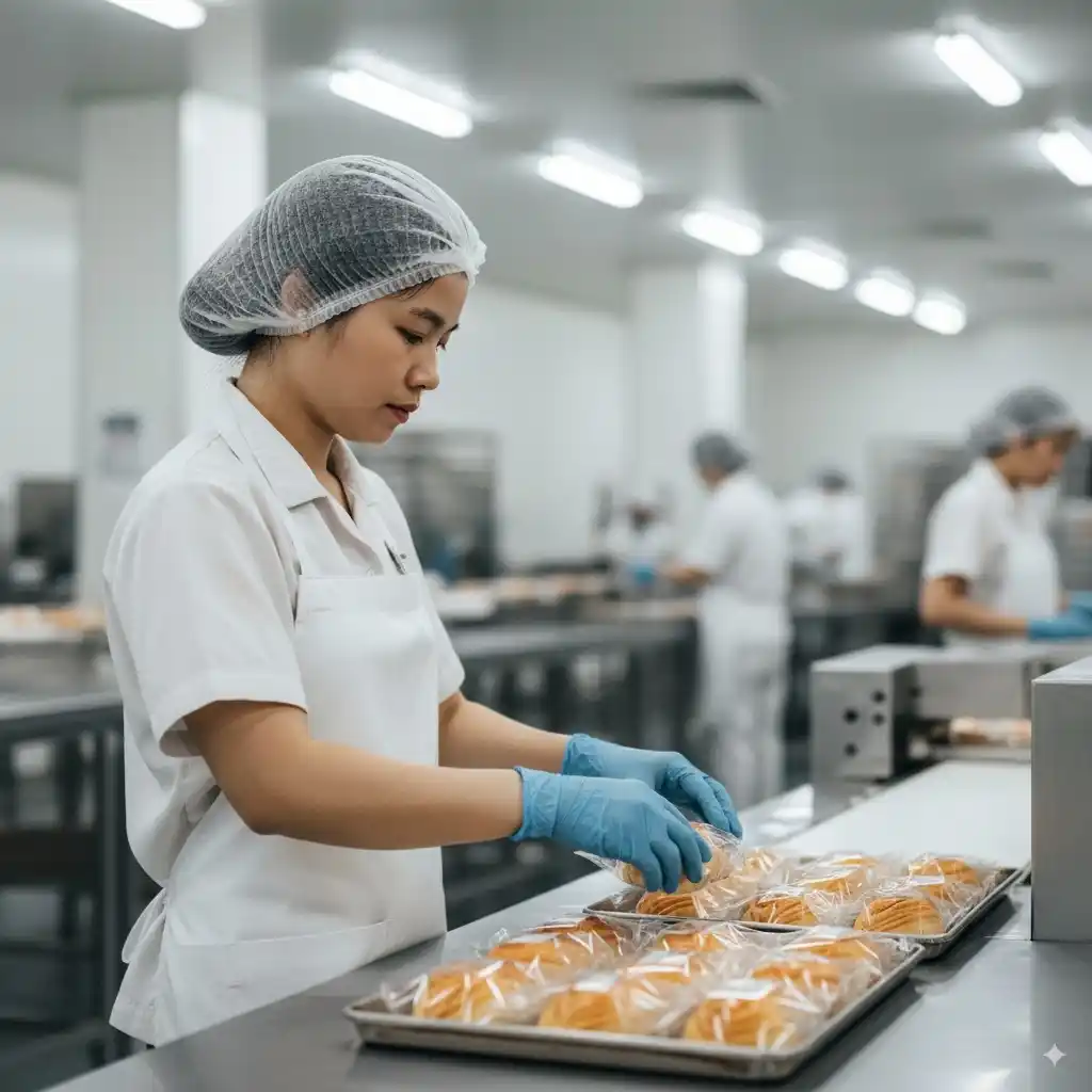 外籍製造業女工在食品工廠包裝麵包，穿戴衛生帽手套進行專業作業