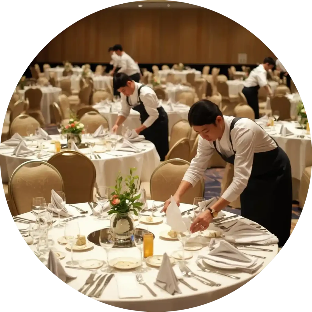 中豪人力仲介飯店餐飲業外勞在宴會廳進行精緻餐桌布置與擺設整理作業