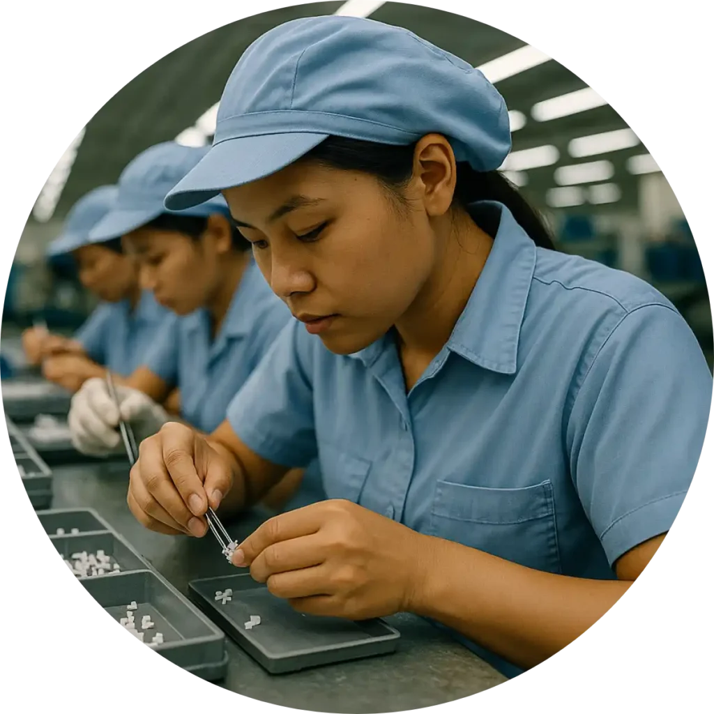中豪人力仲介外籍女工在工廠進行精密電子元件組裝與品質檢測作業